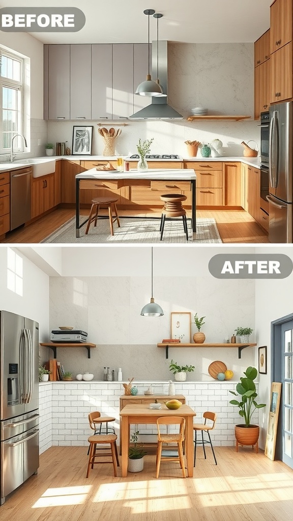 Before and after kitchen remodel showcasing eco-friendly upgrades