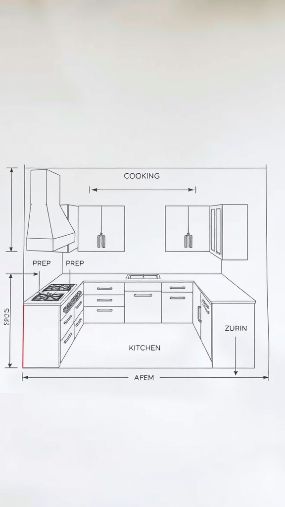 A diagram of a U-shaped kitchen layout showing cooking and prep areas.