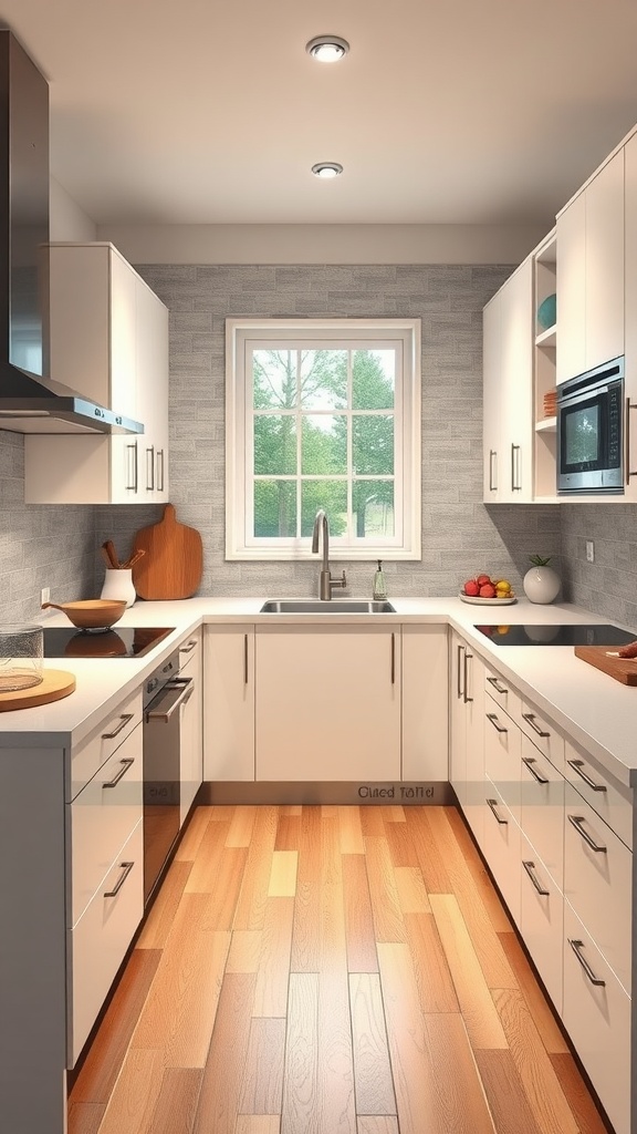 A modern U-shaped kitchen with white cabinets, a central sink, and ample counter space for cooking.