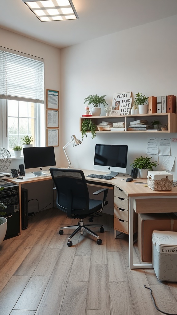 A small home office featuring two computer desks, plants, and organized shelves