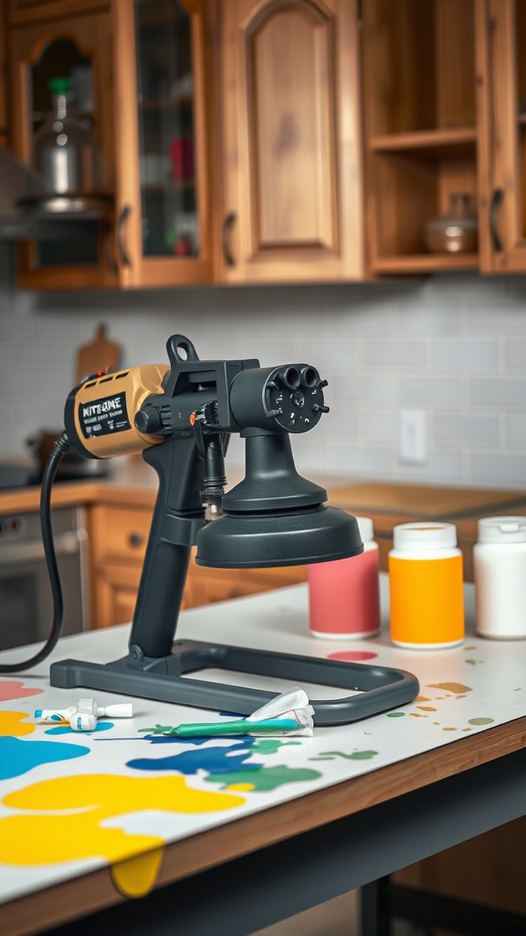 An electric paint sprayer on a table surrounded by colorful paint cans and art supplies.