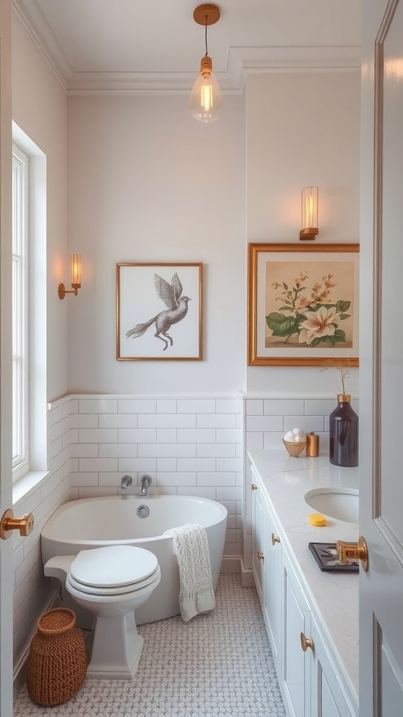 A small transitional bathroom with elegant artwork, featuring floral prints and a bird illustration.