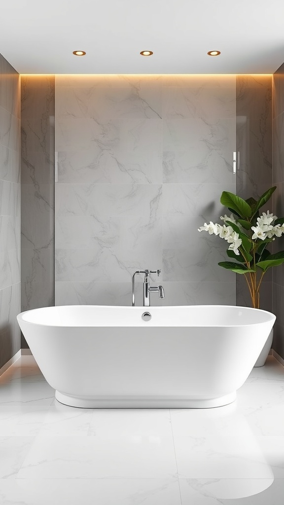 A modern white bathtub in a stylish bathroom with gray marble tiles and ambient lighting