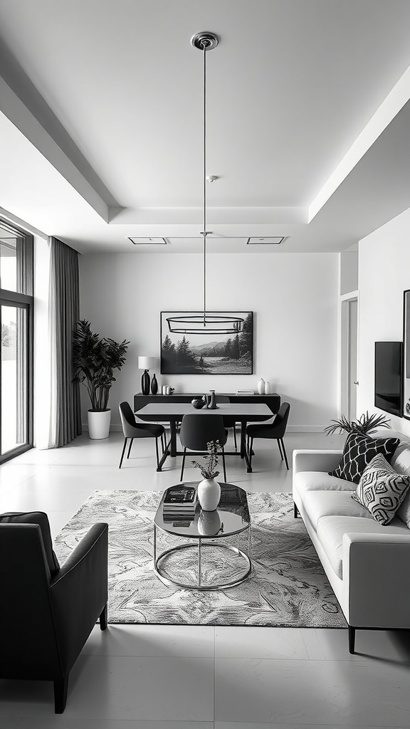 Elegant black and white living room dining room combo with modern furniture and decor.