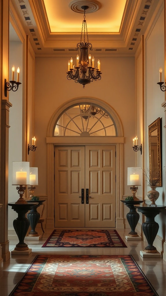 Elegant foyer featuring candle-style lighting fixtures, a chandelier, and decorative side tables.