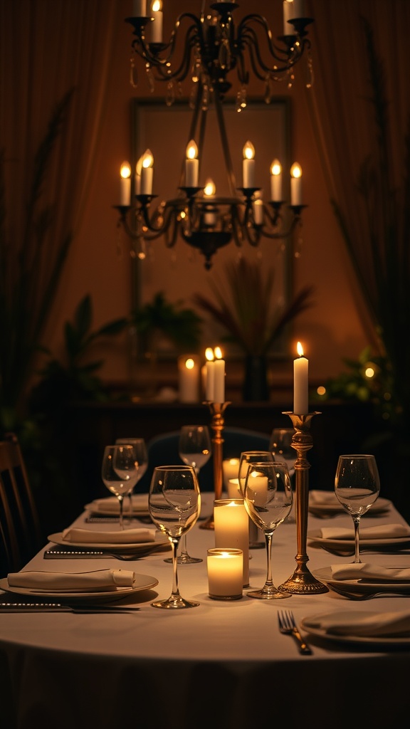 Cozy dining room with a candlelit table set elegantly