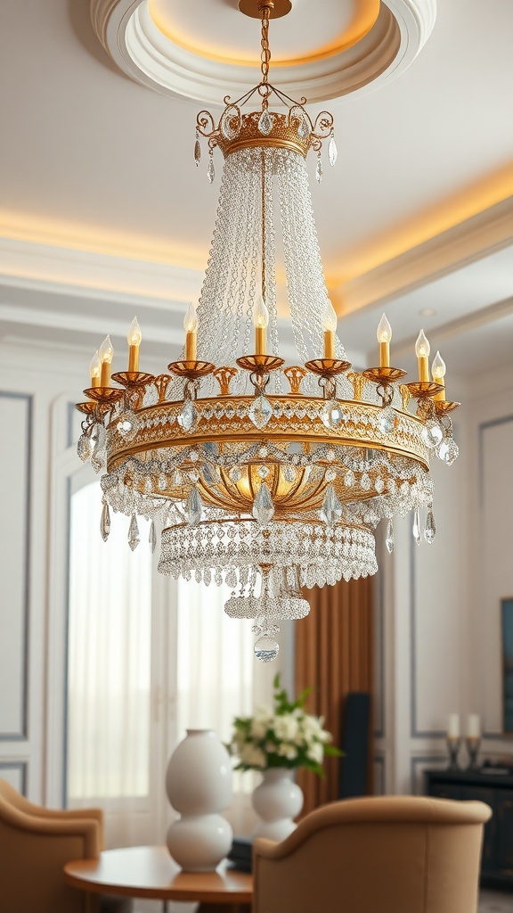 A luxurious chandelier with crystals and gold accents hanging from a ceiling in a living room setting.