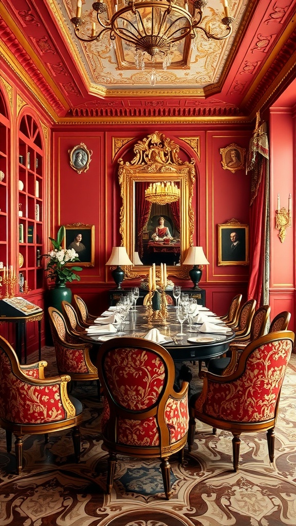Luxurious Italian dining room with rich red walls and ornate decor