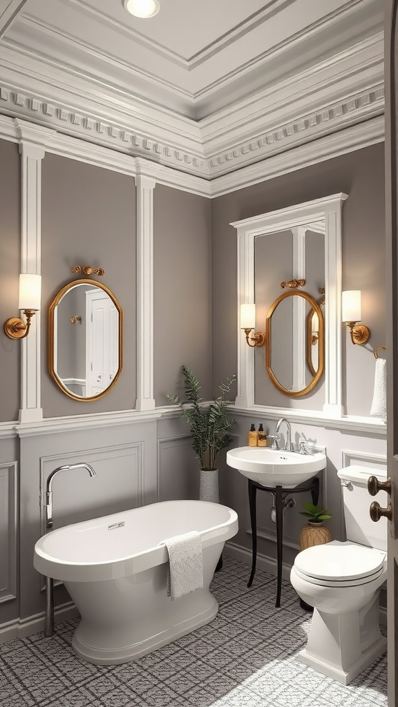 A sophisticated bathroom with crown molding, gray walls, and elegant fixtures.