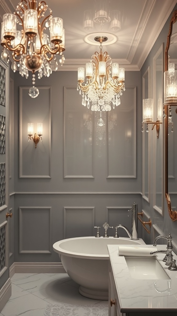 A luxurious bathroom featuring elegant crystal chandeliers and sconces against gray walls, with a freestanding tub and modern vanity.