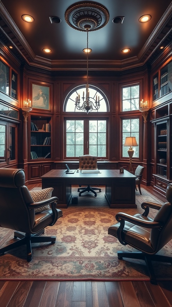 An elegant executive office suite featuring wooden paneling, large windows, and classic furniture.