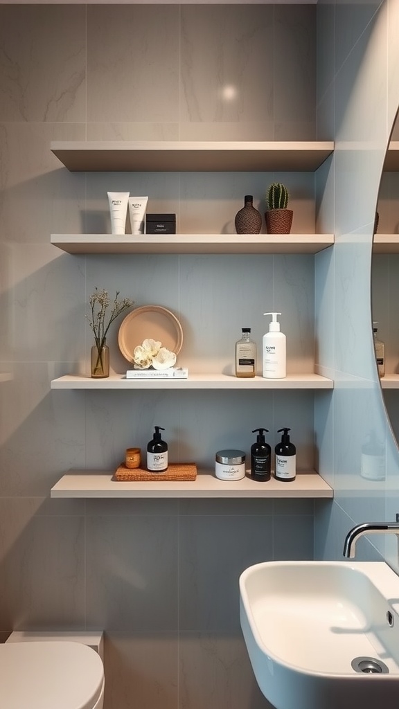 A modern bathroom featuring elegant floating shelves with various toiletries and decorative items.