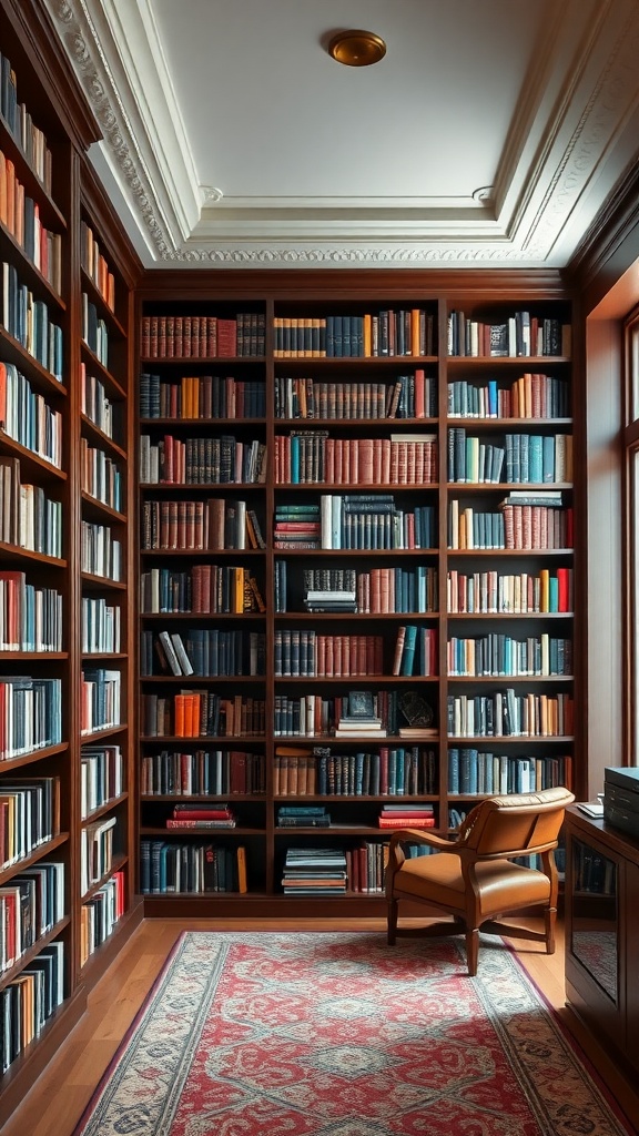 A cozy home library featuring floor-to-ceiling wooden bookshelves filled with books, a comfortable chair, and a decorative rug.