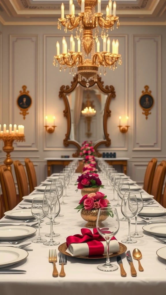 A luxurious formal dining room with a long table set for dinner, featuring floral arrangements, elegant tableware, and a grand chandelier.