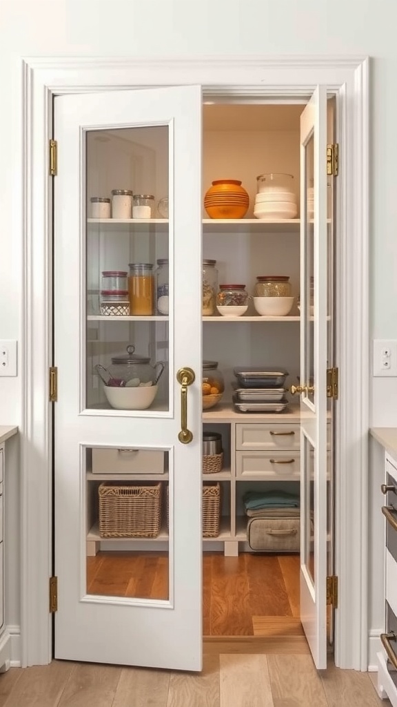 Elegant pantry door with glass insets and vintage hardware, showcasing organized shelves