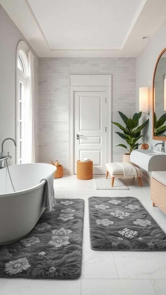 Two elegant gray bath mats with floral designs placed on a light tile floor in a modern bathroom.