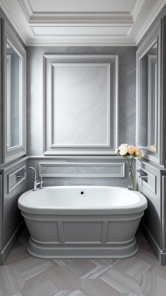 A stylish gray bathtub surrounded by gray walls and mirrored frames, exuding a timeless and elegant bathroom design.