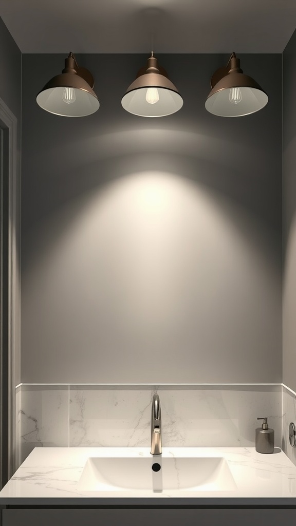 Three pendant light fixtures above a sleek bathroom sink in a gray and white bathroom
