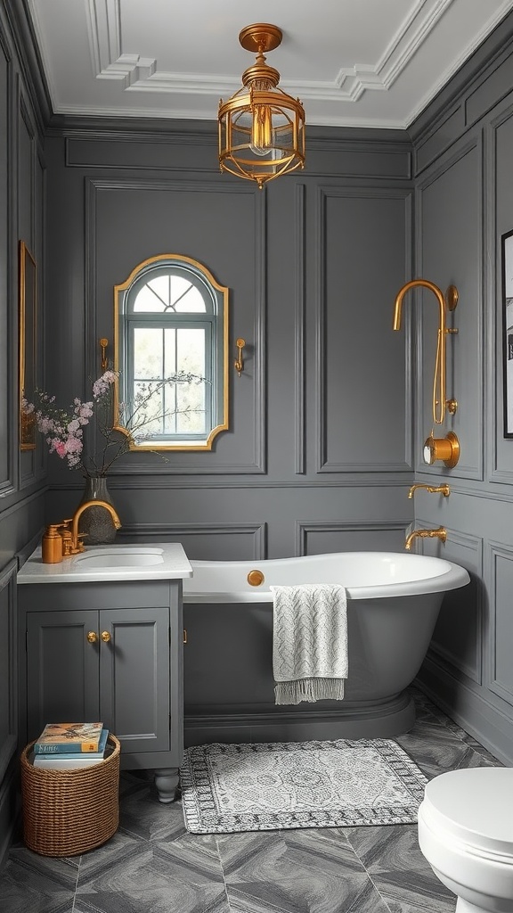 A stylish bathroom featuring gray walls with gold accents, a freestanding bathtub, and elegant lighting.