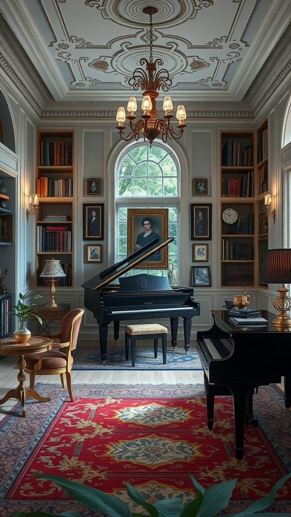 An elegant home library featuring a grand piano, bookshelves, and a vintage chandelier.