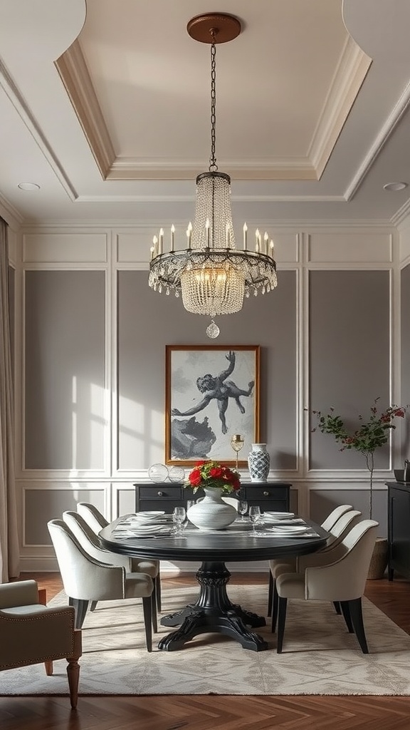 A dining room featuring a beautiful chandelier, round dining table, and elegant decor.