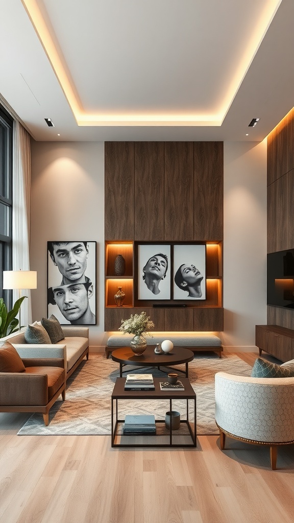 A modern living room with elegant lighting, showcasing artwork and stylish furniture.