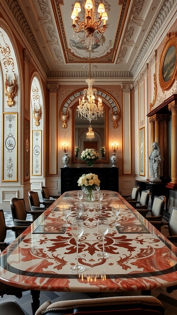 Luxurious Italian dining room with marble table and elegant decor