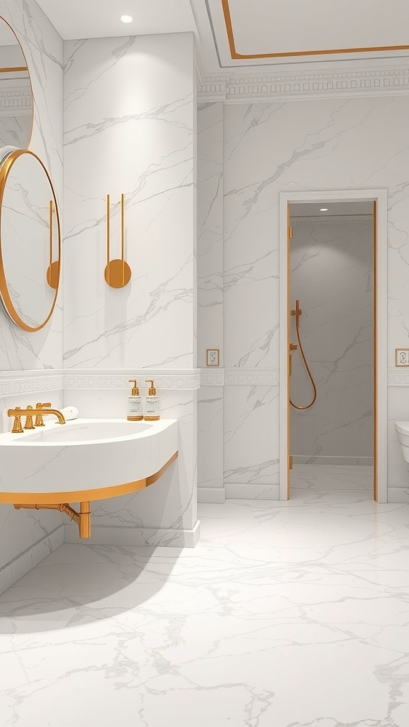 A stylish modern bathroom featuring white marble walls and gold accents.