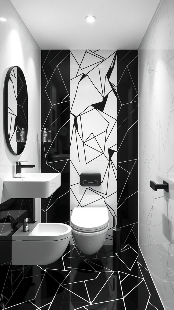 A modern bathroom showcasing a black and white monochrome scheme with geometric patterns.