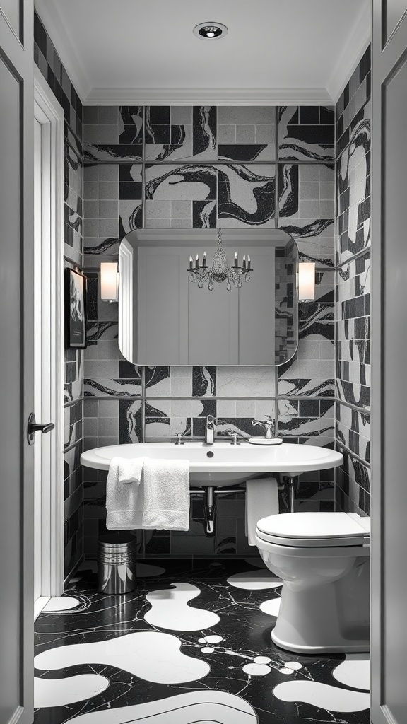 Guest bathroom with black and white tiles, modern fixtures, and a small chandelier.