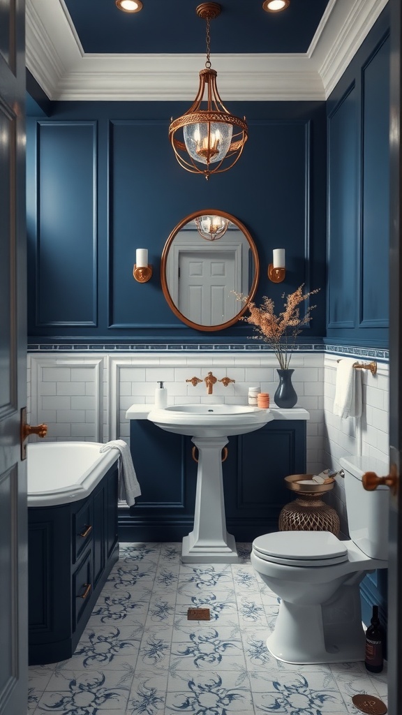 A luxurious bathroom featuring navy blue walls, white fixtures, and elegant decor.