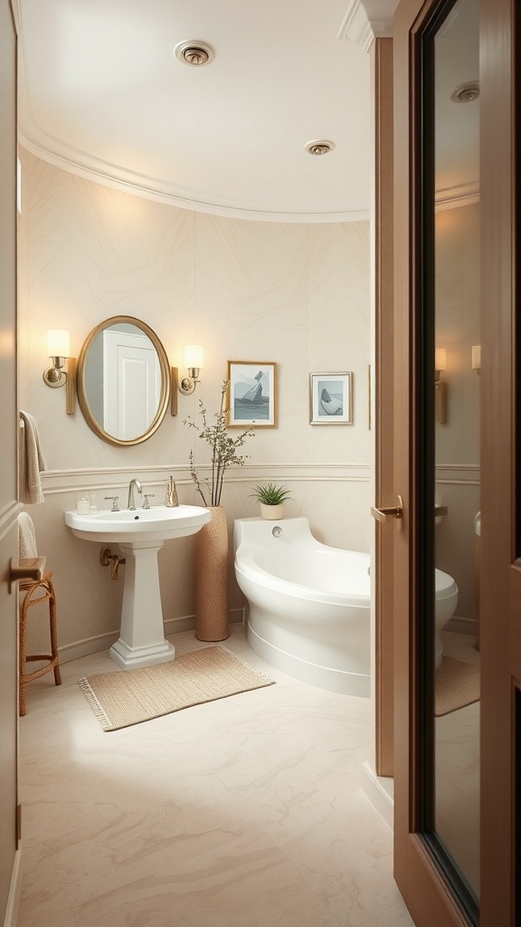 A small transitional bathroom featuring a neutral color palette with a round mirror, elegant fixtures, and natural elements.