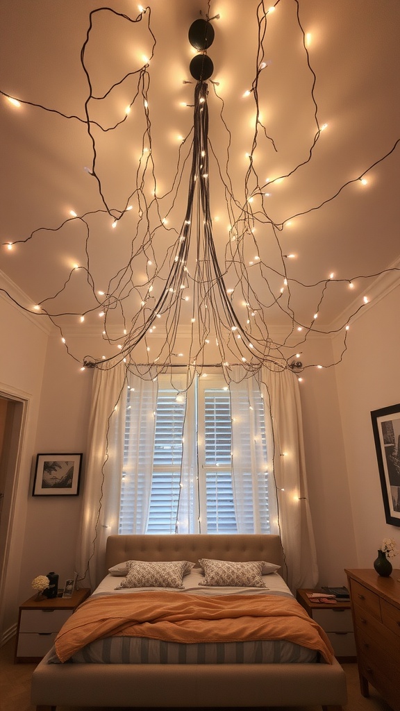 A bedroom with fairy lights elegantly arranged overhead, creating a warm and inviting atmosphere.