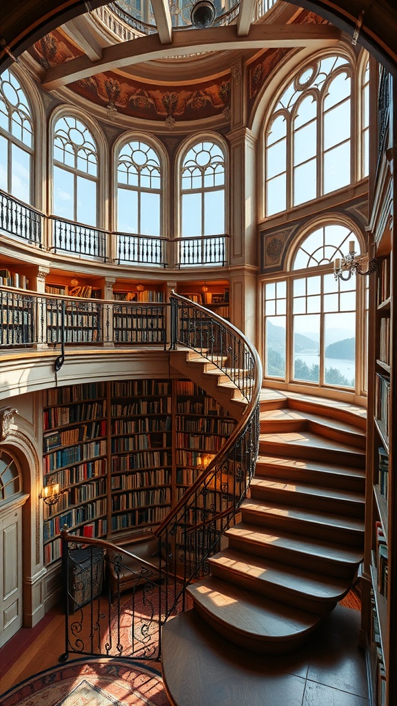 Spiral staircase leading to an upper library with large arched windows and bookshelves.