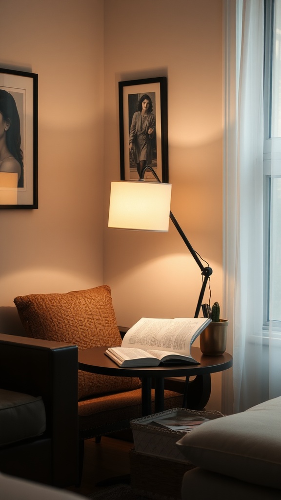 A cozy corner with a stylish table lamp, comfortable chair, and open book, creating a warm atmosphere.