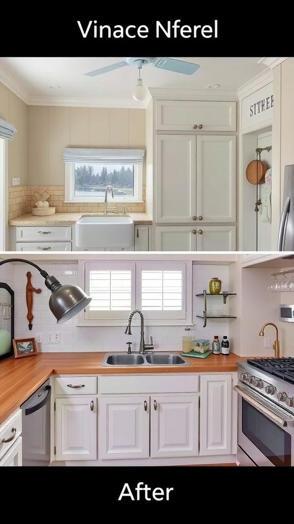 Before and after kitchen remodel showing vintage touches and modern updates.