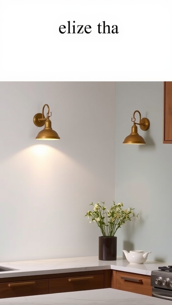 Two elegant wall-mounted fixtures in a kitchen, illuminating a countertop with flowers in a vase.