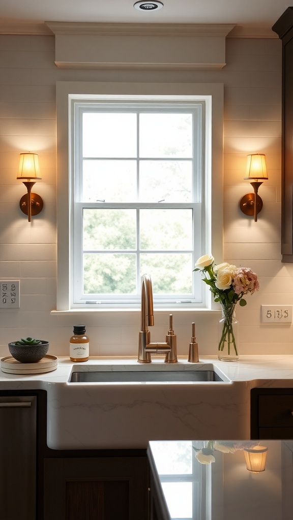 A kitchen with wall sconces on either side of a window, providing warm light above the sink.