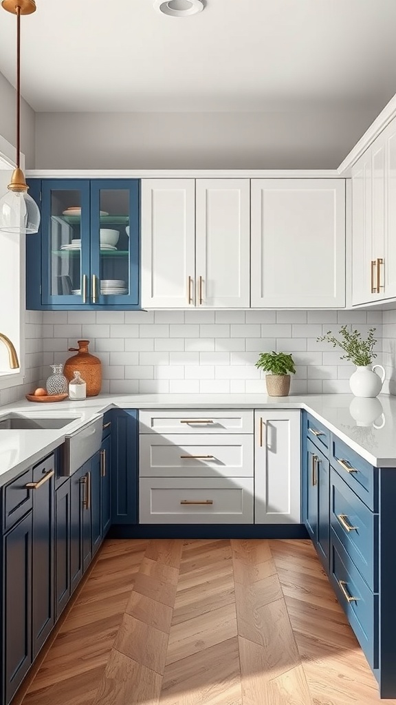 Elegant kitchen featuring white and navy two-toned cabinets with gold hardware and a herringbone wood floor.
