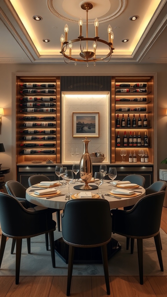 Luxurious Italian dining room featuring elegant wine storage with bottles displayed on a wall and a beautifully set dining table.