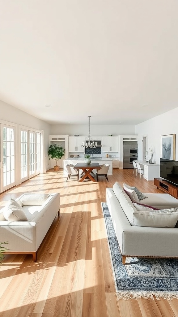 Spacious living room and dining room combo with natural light and minimalistic decor.