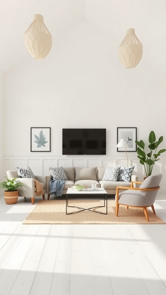 Minimalist farmhouse living room with neutral colors and natural light.