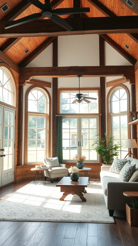A bright rustic farmhouse living room with large arched windows and wooden beams.