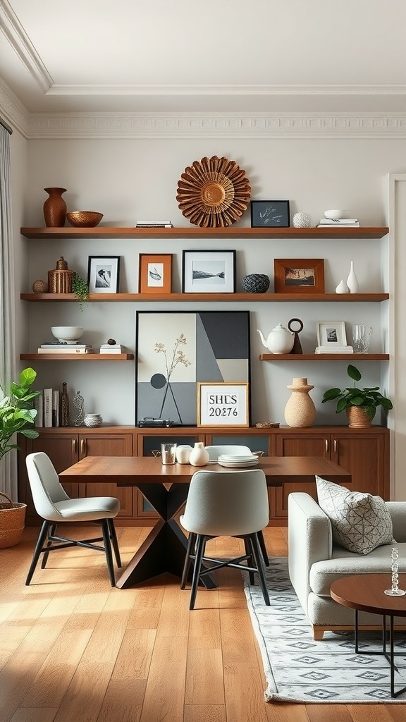 Cozy living and dining room with open shelving displaying decorative items and framed photos