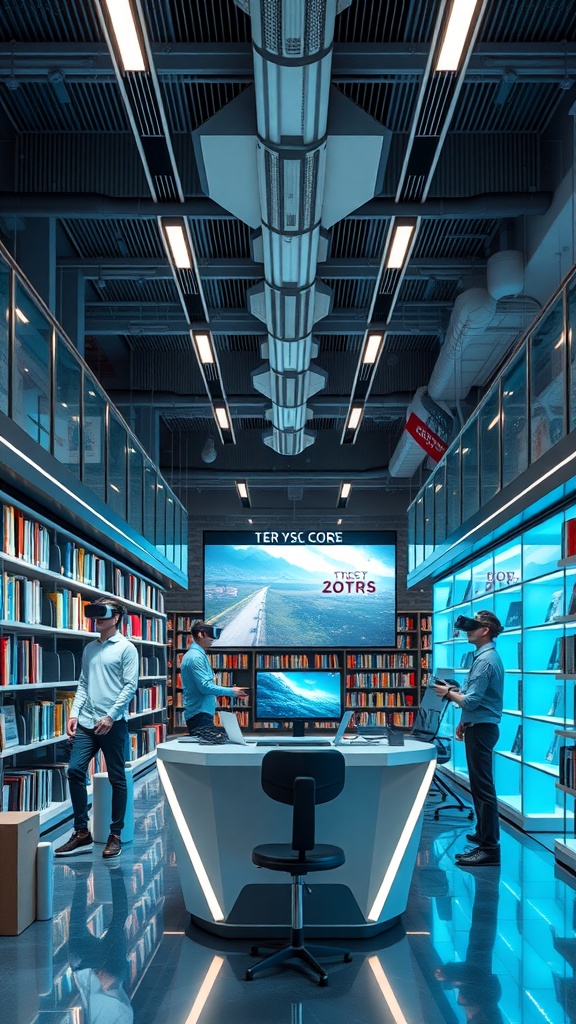 An innovative library space featuring patrons using virtual reality headsets amidst shelves of books.