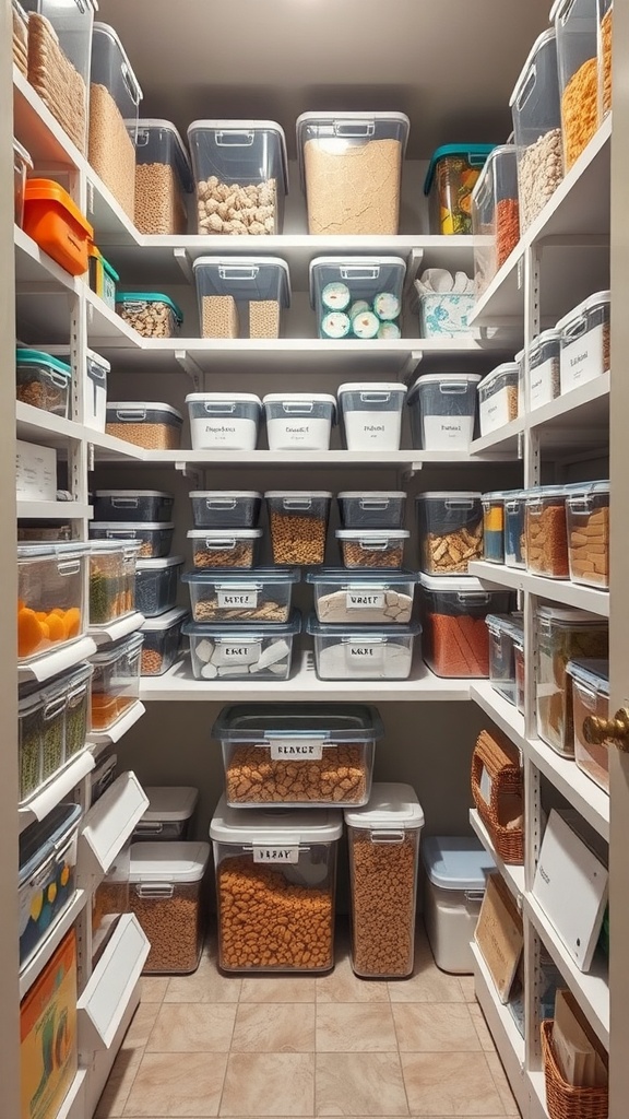 A well-organized pantry with clear storage containers filled with various ingredients.