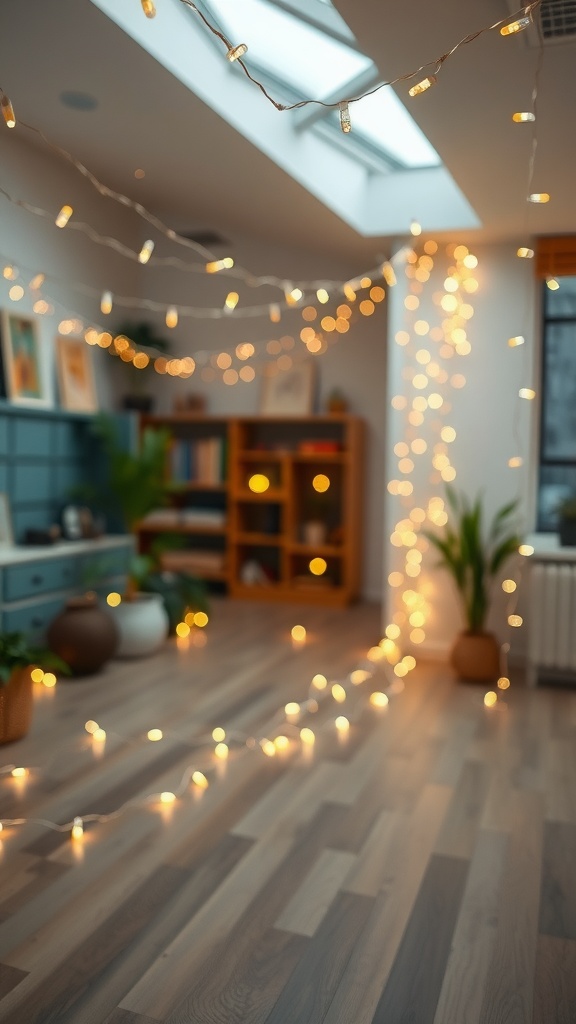 A cozy room decorated with fairy lights, featuring warm glowing lights draped along the walls and across furniture.