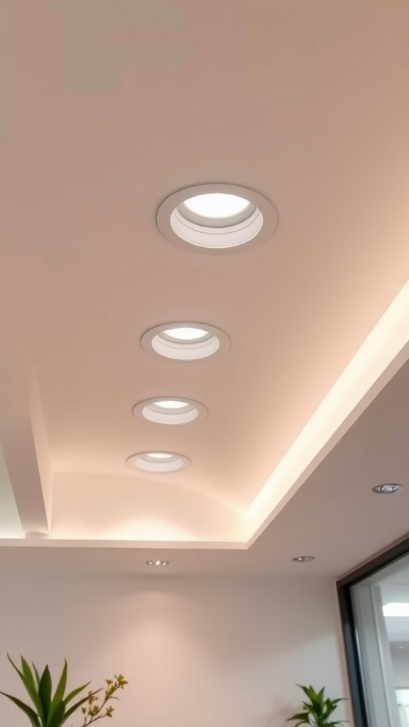 Energy-efficient recessed lighting fixtures installed in a modern ceiling