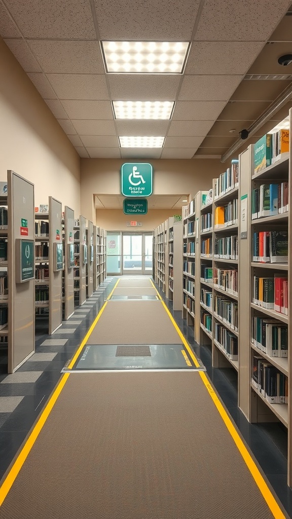 A wide aisle in a modern library featuring accessibility signs and clear pathways.