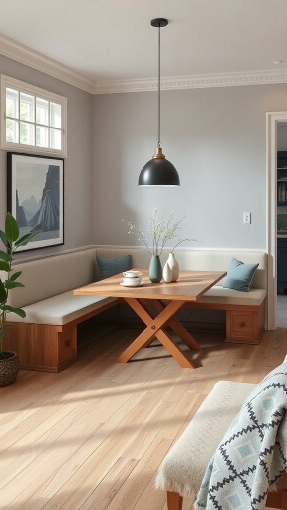 Cozy built-in seating area with a wooden table and cushions, creating a warm atmosphere.